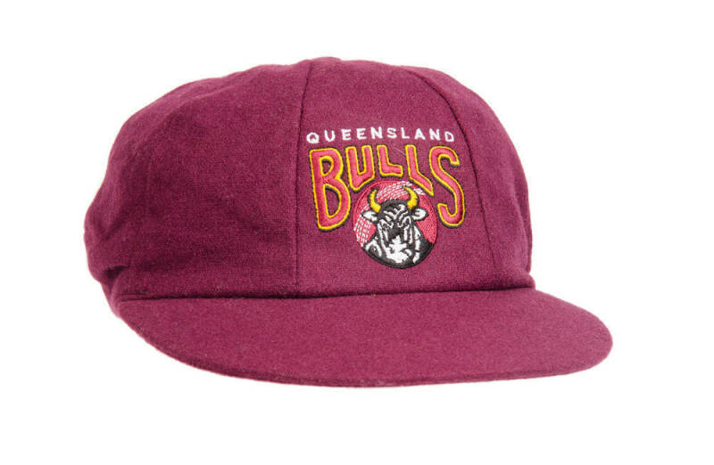 QUEENSLAND CRICKET CAP, baggy maroon with embroidered "Queensland Bulls" logo on front, player unknown. VG condition.