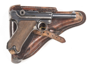 D.W.M. MOD.1906 COMMERCIAL LUGER S/A PISTOL: 7.65; 8 shot mag; 96mm (3¾") tapered barrel; vg bore; std sights; D.W.M. to toggle; sharp profiles & markings; retaining 75% original blue finish with most losses to grip frame; faint straw colouring to relevan