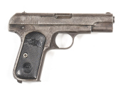 COLT MOD.1903 HAMMERLESS POCKET S/A PISTOL: 32 ACP: 8 shot mag; 92mm (3¾") barrel; f. bore; std sights; wear to profiles; faint address & markings; grey finish to slide & frame with areas of pitting & scale; g. original Colt hard rubber grips; gwo & p. co
