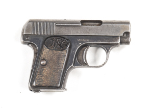F.N. BROWNING BABY S/A POCKET PISTOL: 25 ACP; 6 shot mag; 51mm (2") barrel; f. bore; std sights; FN address to lhs of slide; g. profiles & clear markings; silver grey finish to slide & t/guard; blue/grey to frame; f to g FN hard rubber grips with wear; gw