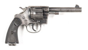 COLT NEW SERVICE C/F REVOLVER: 455 Eley; 6 shot fluted cylinder; 140mm (5½") barrel; g. bore; std sights, 2 line Hartford address, Rampant Colt trade mark & British acceptance stamps to frame; wear to profiles; clear markings; grey finish in protected are