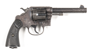 COLT NEW SERVICE REVOLVER: 455 Cal; 6 shot fluted cylinder; 140mm (5½") barrel; g. bore; std sights, 2 line Hartford address to barrel & Rampant Colt logo to lhs of frame; g. profiles & clear markings; patchy blue to barrel, cylinder & frame; grey to back