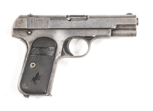 COLT 1903 2/A HAMMERLESS POCKET PISTOL: 32 Rimless; 8 shot; 98mm (3 7/8") ") barrel; worn bore; std sights, slide address, CAL markings & Rampant Colt trade mark; silver grey finish to all metal with sml areas of fine pitting; g. original hard rubber Colt