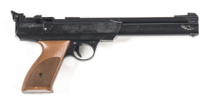 U.S. DAISY POWER LINE 717 AIR PISTOL: 177 Cal; s/shot; 245mm (9 5/8") barrel; fine bore; std sights & receiver markings; pistol is NIB with a full blacked finish; exc wo & new cond. In its original factory box. #M.116187 Post '47 L/R