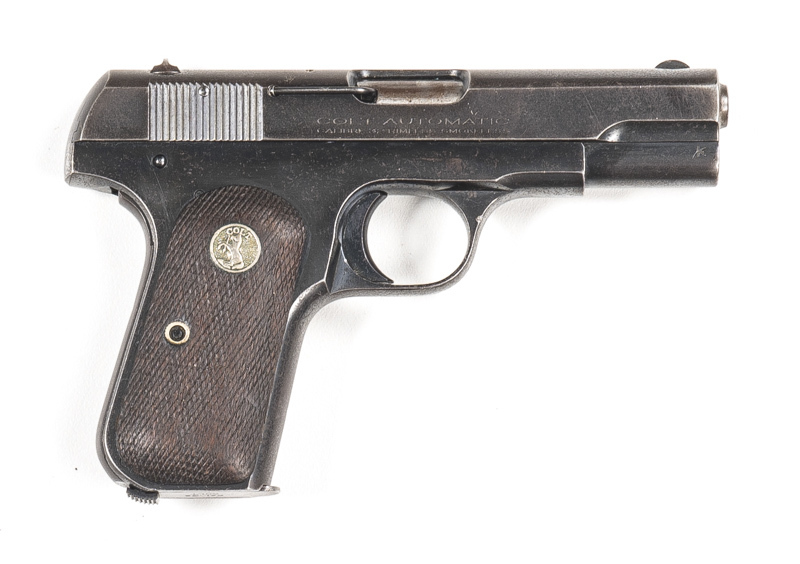 COLT MOD 1903 S/A POCKET PISTOL: 32 Rimless; 8 shot mag; 92mm (3¾") barrel; f. bore; std sights, 2 line address & Rampant Colt trade mark to lhs of slide; CAL markings to rhs; g. profiles & clear markings; retaining 60% original blue finish with most loss