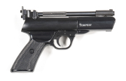 U.S. BEEMAN TEMPEST S/S AIR PISTOL: 177 Cal; 170mm (6¾") barrel; exc bore; std sights, receiver address & model markings; sharp profiles & markings; pistol is NIB with a full blacked finish; exc wo & new cond. Contained in its original factory box with ma