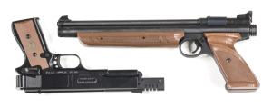 LOT X 2: CROSSMAN ARMS CO MODEL 1377 AIR PISTOL: 177 Cal; 10 shots; 260mm (10¼") barrel; exc bore; std sights, receiver address & markings; pistol is “as new” with a full black finish; exc wo & cond. U.S. MARKSMAN MODEL 1015 AIR PISTOL: 177 Cal; 10 shot; 