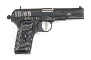 TOKAREV TT33 S/A SERVICE PISTOL: 7.62x25; 8 shot mag; 114mm (4½") barrel; vg bore; std sights; vg profiles & markings; retains 98% military blacked finish; vg black reeded plastic grips with central C.C.C.P. star; gwo & vg cond. #WY206 matching Post '47 L