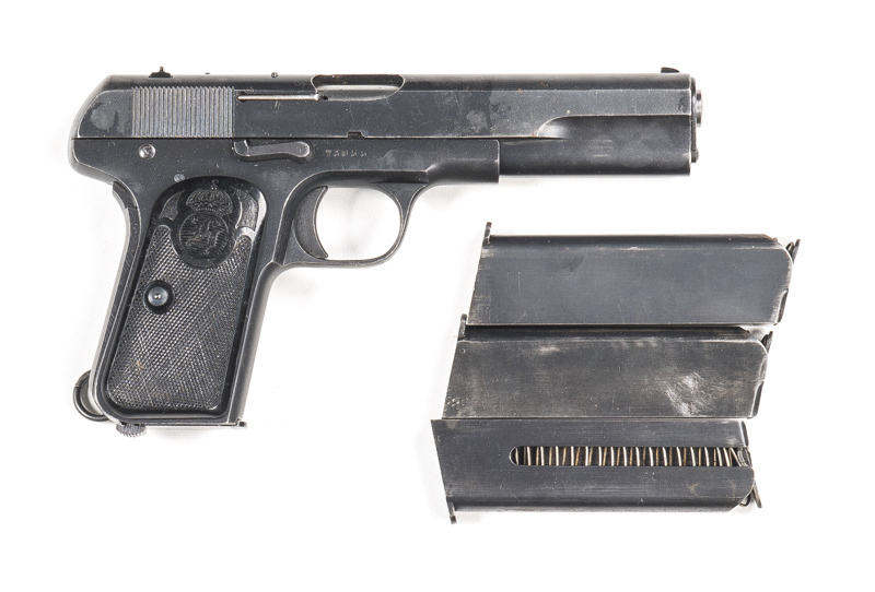 SWEDISH HUSQVARNA MOD 1907 S/A SERVICE PISTOL: 9mm; Browning; 7 shot mag; 127mm (5") barrel; vg bore; std sights, slide address & markings; vg profiles & clear markings; retaining 95% frosted dark grey military finish; vg black plastic grips with Swedish