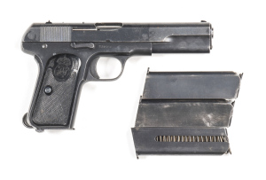 SWEDISH HUSQVARNA MOD 1907 S/A SERVICE PISTOL: 9mm; Browning; 7 shot mag; 127mm (5") barrel; vg bore; std sights, slide address & markings; vg profiles & clear markings; retaining 95% frosted dark grey military finish; vg black plastic grips with Swedish 