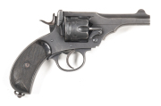 WEBLEY MKV SERVICE REVOLVER: 455 Cal; 6 shot fluted cylinder; 102mm (4") barrel g. bore; std sights, proofs & MKV to top strap; WEBLEY MARK V patents & dated 1915 to lhs of frame; g. profiles & clear markings; 75% grey military finish with most losses to