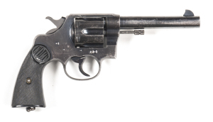 COLT NEW SERVICE BRITISH ISSUE REVOLVER: 455 Cal; 6 shot fluted cylinder; 140mm (5½") barrel; vg bore; std sights, 2 line Hartford address to barrel & Cal markings; Rampant Colt trade mark to lhs of frame; g. profiles & clear markings; retaining 75% origi