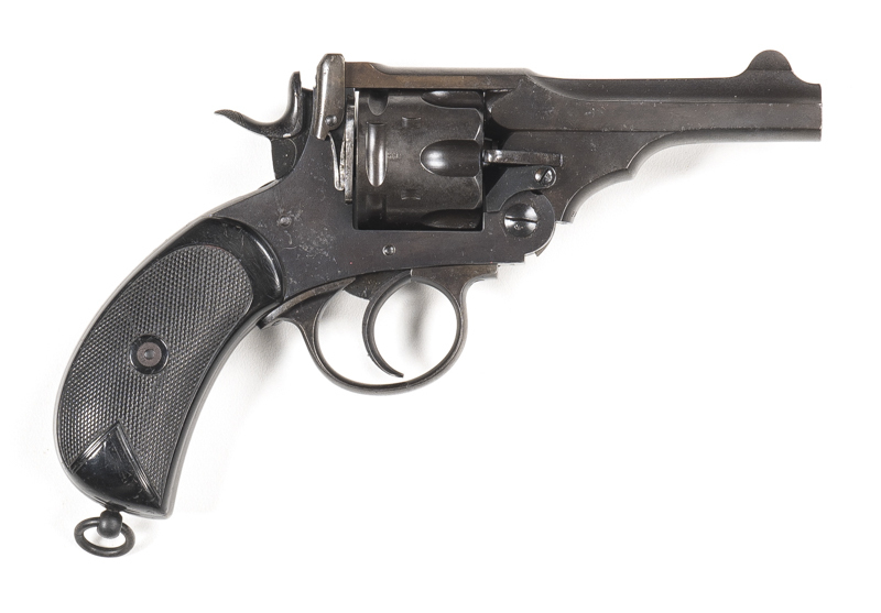 WEBLEY MKIV SERVICE REVOLVER: 455 Cal; 6 shot fluted cylinder; 102mm (4") barrel; g. bore; std sights; MARK IV to top strap; WEBLEY MARK IV patents to lhs of frame; g. profiles & clear markings; old re-blue finish with areas of fine pitting to rhs of fram