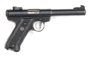STURM RUGER MKI S/A R/F PISTOL: 22 R/F; 9 shot mag; 140mm (5½") round bull barrel; g. bore; std sights, frame address & markings; vg profiles & clear markings; retains 80% original blacked finish; vg chequered black plastic grips; gwo & vg cond. #13-42969