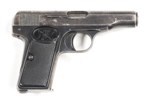 BROWNING MOD.1910 S/A PISTOL: 9mm; 7 shot mag, which is a 32 ACP mag & not a 9mm; 89mm (3½") barrel; g. bore; std sights, slide address & markings; retaining 50% original blue finish, the balance grey; g. FN hard rubber grips; gwo & cond. #521386 C.1928 L