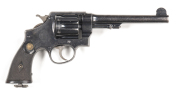 SMITH & WESSON MK11 HAND EJECT BRITISH ISSUE SERVICE REVOLVER: 455 Cal; 6 shot fluted cylinder; 165mm (6½") barrel; g. bore; std sights & 2 line S&W address to barrel & S&W trade mark to rhs of frame; lhs of frame engraved R. STORR; vg profiles & clear ma