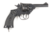 WEBLEY & SCOTT MK IV REVOLVER: 38 S&W; 6 shot fluted cylinder; 102mm (4") barrel; vg. bore; std sights & top strap address & markings; address to barrel; winged bullet & Webley trade mark to rhs barrel lug; vg profiles & clear markings; retaining 85% orig