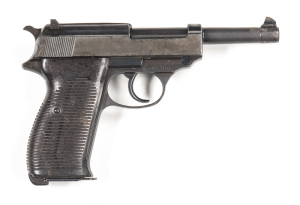 WALTHER HP WAR-TIME COMMERCIAL VERSION OF THE P.38: 9mm; 8 shot mag; 124mm (4 7/8" ) barrel; g. bore; std sights & fittings; Walther banner MOD HP & Cal markings to lhs of frame; g. profiles & markings; blacked finish to all metal; spotted & thin black fi