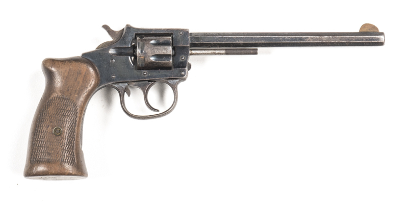 H&R TRAPPER R/F REVOLVER: 22 Cal; 7 shot fluted cylinder; 153mm (6") octagonal barrel; g. bore; std sights, barrel address & top strap markings; g. profiles & clear markings; 60% original blue finish remains with most losses to cylinder & t/guard; g. orig