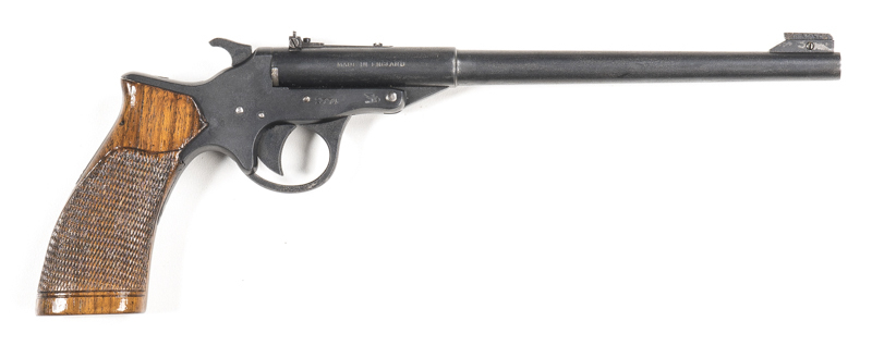 WEBLEY & SCOTT MK III TARGET R/F PISTOL: 22LR; s/shot; 250mm (9¾") barrel; g. bore; std sights & Cal markings; W&S address to lhs of frame; g. profiles & clear markings; frosted, blacked refinish to all metal; vg chequered walnut grips; gwo & cond. #2774