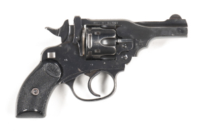 WEBLEY & SCOTT MODEL IV C/F REVOLVER: 38 S&W; 6 shot fluted cyl; 76mm (3") barrel; g. bore; stanard sights, top strap address & markings; sharp profiles & clear markings; retains 95% orig black finish with most losses to t/guard & grip frame; exc Webley v