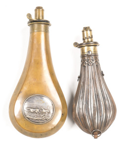 2 FLASKS: rare fluted body S/G flask, PATENT to brass top; JAS EASSON PATENT belt clip fitted; graduated charger & top with spring; g.body & seams with minor dents; 3 hanging rings; 8¼" o/a; Riling pg 284 No.289. JAMES DIXON silver medallion flask of lrg 