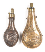 LOT X 2 SHOTGUN FLASKS: HAWKSLEY PHAROAH'S HORSES: graduated charger marked G & J.W. HAWKSLEY with g. spring; vg body & seams; 8 1/8" o/a. JAMES DIXON & SONS: of large proportions; graduated charger with top marked JAMES DIXON & SONS SHEFFIELD; body depic