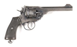 WEBLEY & SCOTT MK V1 SERVICE REVOLVER: 455 Cal; 6 shot fluted cylinder; 153mm (6") barrel; g. bore; std sights; MARK VI to top strap; WEBLEY MARK VI patents & dated 1915 to lhs of frame; g. profiles & clear markings; blue/grey finish to all metal with tra