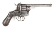 BELGIUM J. CHAINEUX PINFIRE REVOLVER: 9mm PF; 12 shot fluted cylinder with leaves engraved to each cylinder; 147mm (5¾") oct to rnd barrel; g. clean bore with wear; breech inscribed J. CHAINEUS BREVETE & engraved ensuite as cylinder to frame, b/strap & t/