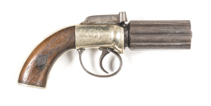 ENGLISH PRITCHARD PERCUSSION PEPPERBOX PISTOL: 120 bore; 6 shot Birmingham proofed 76mm (3") barrel cluster; foliate engraved German silver frame, back strap & butt cap; PRITCHARD inscribed to lhs of frame; steel t/guard engraved ensuite & centre hammer a