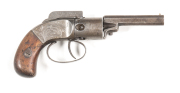 JOSIAH ELLS PATENT 1ST MODEL PERCUSSION POCKET REVOLVER: 28 ML; 5 shot cylinder; 76mm (3") octagonal barrel; p. bore; std sights; foliate engraved iron frame, centre hammer action, inscribed ELLS PATENT, obverse side VAG.1 & APRIL 28 1854 & 1857; g. profi