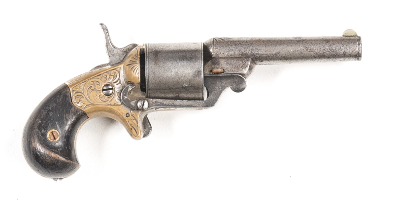 NATIONAL ARMS CO MOORES PATENT FRONT LOADING TEAT FIRE REVOLVER: 32 teat fire; 6 shot cylinder; 83mm (3¼") barrel; vg bore; std sights & New York address to barrel; scroll engraved frame with spur trigger; g. profiles with slight wear to address; soft gre