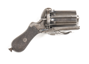 LONDON MARKED PINFIRE PEPPERBOX PISTOL: 7mm PF; 6 shot fluted cyl struck with Birmingham proofs; 51mm (2") barrel cluster; plain borderline engraved frame with folding trigger; LONDON inscribed to rhs of frame & 39711; vg profiles; clear markings; thinnin