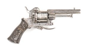 BELGIUM OPEN FRAME PINFIRE POCKET REVOLVER: 5mm PF; 6 shot non fluted cylinder; 60mm (2½") octagonal barrel; bead front sight; with Liege marks & proofs to frame & cylinder; plain frame; folding trigger; g profiles; nickel finish with small areas of surfa