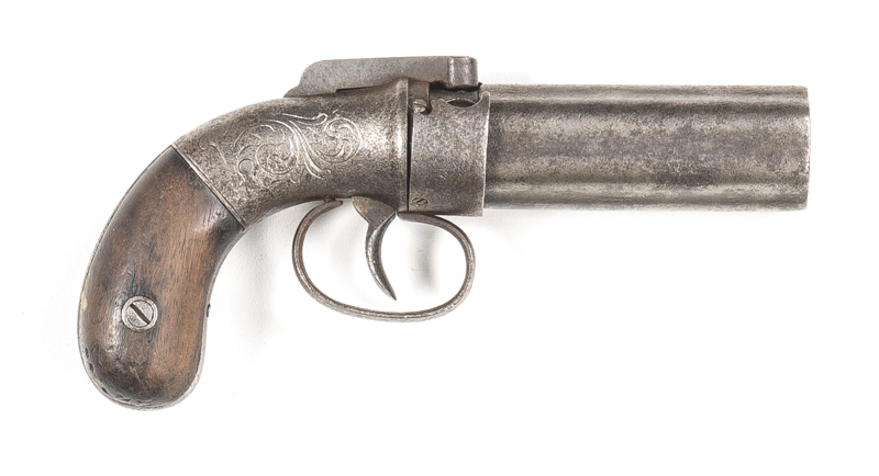 U.S. ALLEN & THURBER PERCUSSION POCKET PEPPERBOX PISTOL: 31 ML; 6 shot, 83mm (3¼") barrel cluster; f. bores; iron frame with sparse foliate engraving; wear to profiles & engraving; grey patina to all metal; f to g original walnut grips; all complete; gwo