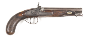 ENGLISH S/B PERC TRAVELLING PISTOL: 38 bore; 6¾" oct barrel with captive rod; f. bore; sml silver dovetail front sight & notched rear sight at the tang; LONDON to top barrel flat; foliate engraved lock plate, barrel tang & furniture; slight wear to profil