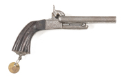 CONTINENTAL D/B TIP ACTION PINFIRE PISTOL: 11mm PF: 121mm (4¾") round tip-up barrels; 4 groove rifling in p. cond; iron box lock action with central hammers & concealed triggers; cross hatch engraving to sides & below; all metal in the white & lightly pit