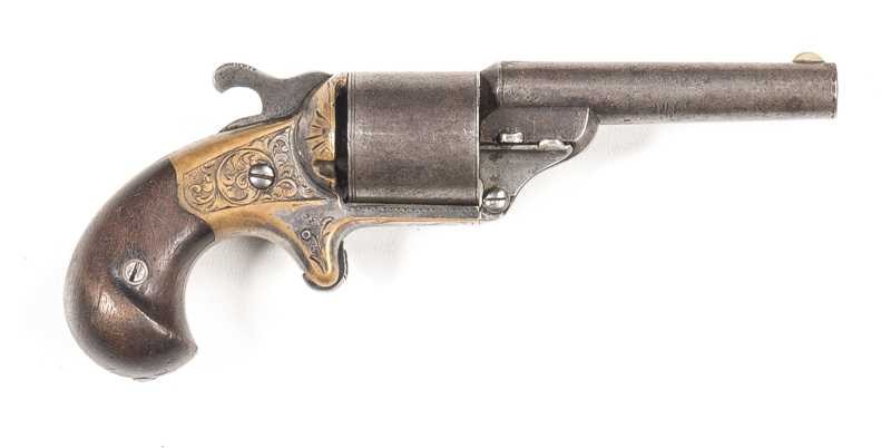 MOORES PATENT FRONT LOADING TEAT FIRE REVOLVER: 32 teat fire; 6 shot cylinder; 82mm (3¼") rnd barrel; g. bore; std sights & barrel address; engraved brass frame with spur trigger with only traces of orig silver plate finish remaining; g. profiles & clear
