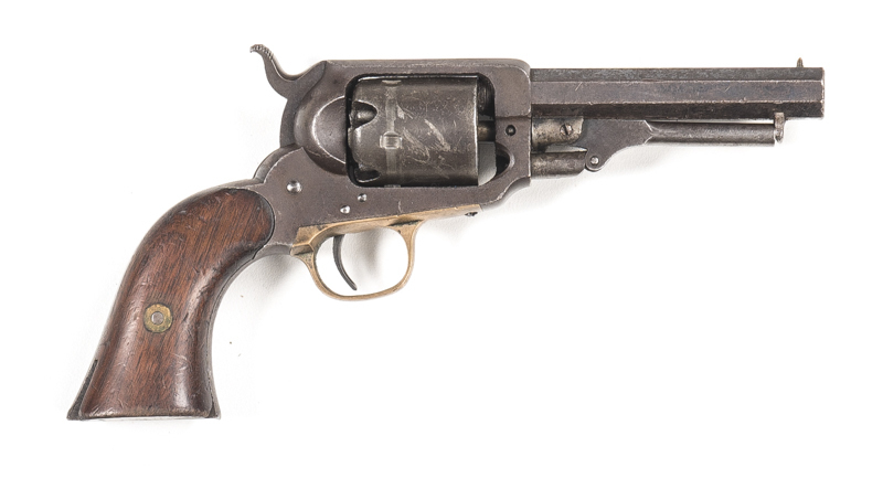 E. WHITNEY PERCUSSION POCKET REVOLVER: 31 Cal; 5 shot cylinder with faint lion & shield scene; 102mm (4") octagonal barrel; p. bore; with 2 line New Haven address; iron frame & back strap; brass t/guard; slight wear to profiles; clear address; brown patin