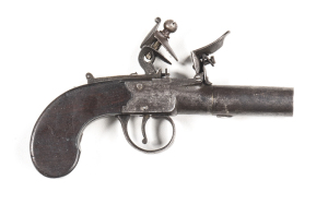 BURGON LONDON S/B FLINTLOCK POCKET PISTOL: 50 Cal; 1 7/8" round barrel with London proofs; f to g bore; boxlock flintlock hammer action with slide top safety; borderline engraved action & inscribed BURGON LONDON; g. profiles & clear markings; plum finish 