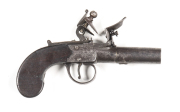 BURGON LONDON S/B FLINTLOCK POCKET PISTOL: 50 Cal; 1 7/8" round barrel with London proofs; f to g bore; boxlock flintlock hammer action with slide top safety; borderline engraved action & inscribed BURGON LONDON; g. profiles & clear markings; plum finish