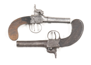 2 ENGLISH S/B PERC POCKET PISTOLS: 50 Cal; 3¾" barrel; f. bore; no sights; foliate engraved boxlock centre hammer action; g. profiles; clear engraving; grey finish to all metal; g.slab sided walnut grips; gwo & fair cond. C.1860. 43 Cal: 2½" rnd barrel; n