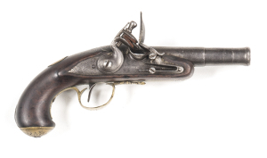 ARCHER S/B IRON CANNON BARREL F’LOCK PISTOL: 54 bore; 3½" 2 stage barrel, LONDON at the breech; plain borderline engraved lock inscribed ARCHER; swan necked cock & semi-detached pan; grey finish to barrel, cock, lock & fittings, sml amount of fine pitting