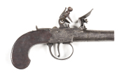 WILLIAMSON S/B FLINTLOCK POCKET PISTOL: 50 Cal; 1½" round barrel; f. bore; boxlock centre flintlock hammer action; fitted with sliding top safety; WILLIAMSON inscribed to rhs of action & HULL in a stand of flags surround; g. profiles & clear markings; blu