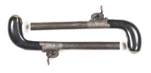 PAIR OF BELGIUM S/B PERCUSSION BOOT PISTOLS: 44 Cal; 4½" round screw off barrels; p. bores; foliate engraved round body actions with concealed triggers & ELG proofs to rhs of actions; g. profiles & clear engraving; blue/grey finish to barrels; silver grey