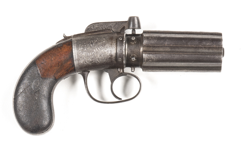 IRISH RIGBY PEPPERBOX PERCUSSION PISTOL: 44 ML; 6 shot; 76mm (3") barrel cluster; foliate engraved iron frame inscribed W & J RIGBY DUBLIN; RIGBY & DUBLIN to frame; back strap & t/guard engraved ensuite; slight wear to profiles & engraving; blue/grey fini