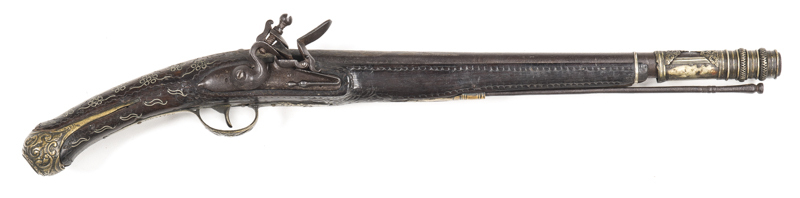 EASTERN FLINTLOCK HOLSTER PISTOL: 65 Cal; 15½" iron barrel; p. bore; ornate brass muzzle fitting; faint brass & silver inlay work to length of barrel; plain lock plate with faint markings; swan necked cock & integral pan fitted; cast brass t/guard, s/plat