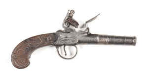 HADLEY LONDON S/CANNON BARREL FLINTLOCK POCKET PISTOL: 50 bore; 2½" turn off barrel struck with THE GUNMAKERS COMPANY LONDON proof marks; boxlock centre hammer action with a re-inforced cock, foliate engraving to each side with HADLEY LONDON within banner