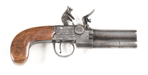 ENGLISH LONDON U/O FLINTLOCK TAP ACTION POCKET PISTOL: 50 bore; 3" barrels struck with THE GUNMAKERS LONDON proof marks; boxlock centre hammer action; selector switch to lhs of action; wear to lhs of action with faint markings; rhs has clear stand of flag