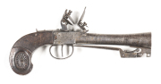 FLEMISH S/B FLINTLOCK TRAVELLING PISTOL: 1" bore at the muzzle; 4½" iron flared barrel with a folding bayonet under; boxlock centre hammer action engraved with a game bird to each side; sliding t/guard which acts as a retainer for the bayonet; wear to pro